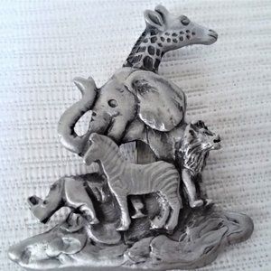 Brooch Noah's Ark VTG Pewter Pin Zoo Animals Signed Giraffe Lion Zebra Unique